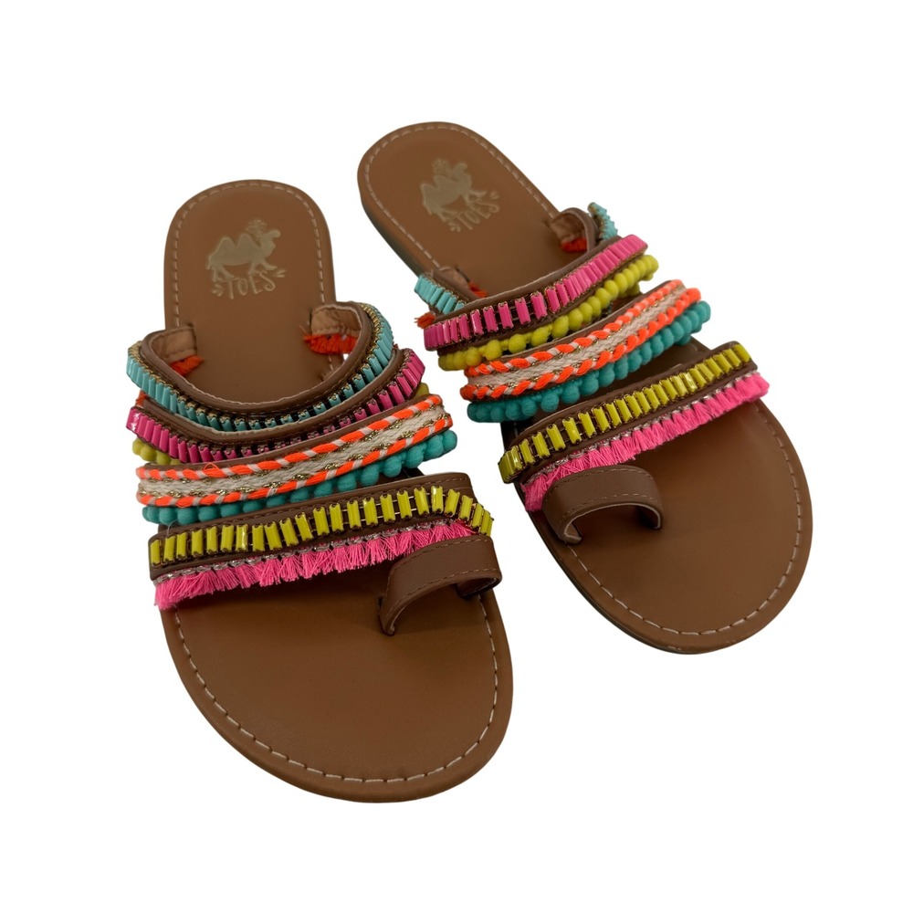 Two Toes Womens Size 8 Beaded Pom Pom Fringe Toe Loop Flat Sandals Brown Multi 8